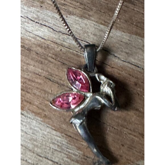 Sterling Silver Necklace With Fairy Pendant And Pink Glass Wings 18" - Picture 8 of 8